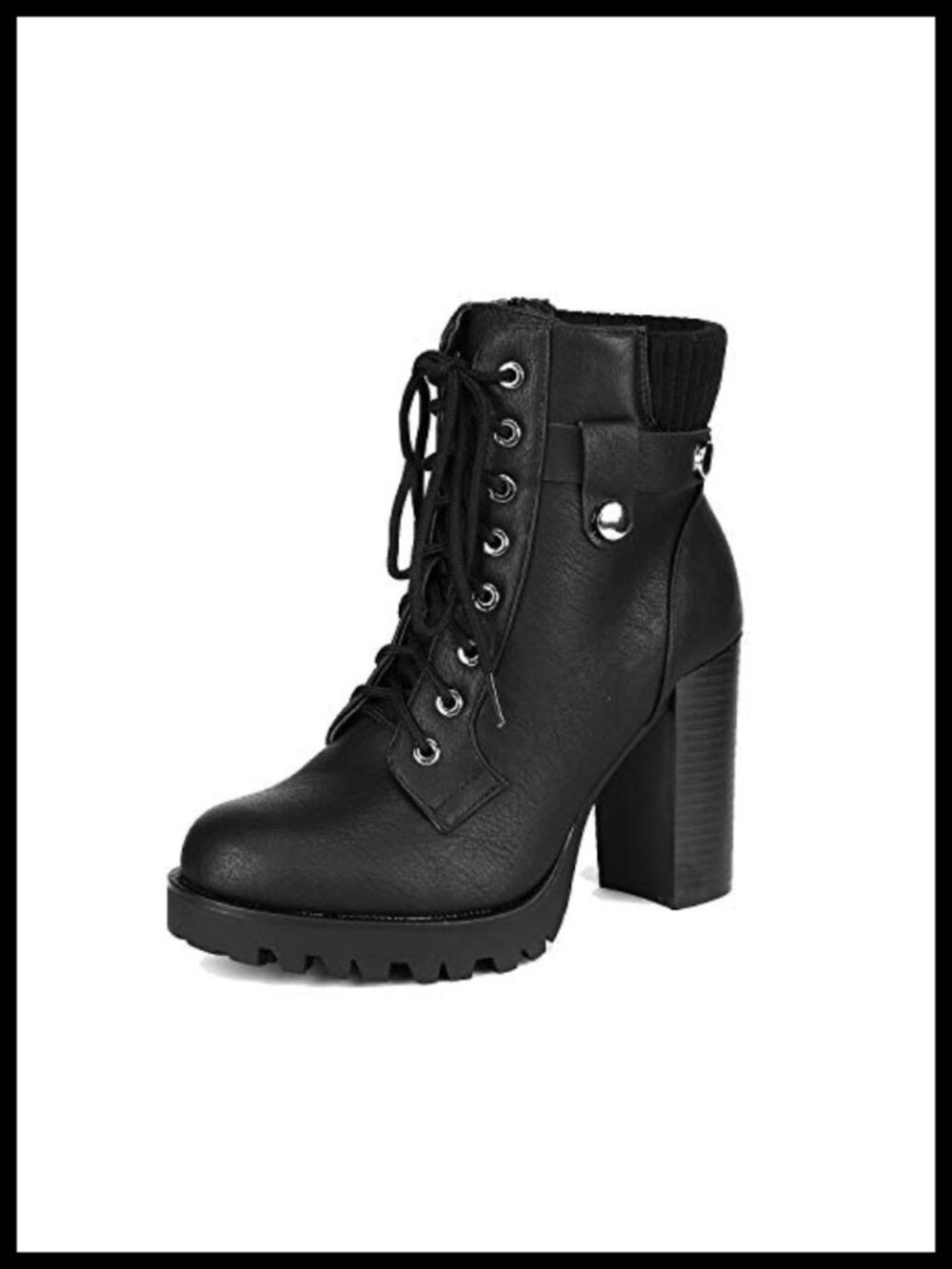 Womens Lace Up Combat Boots Faux Leather Chunky Block Heel Zip Ankle Booties